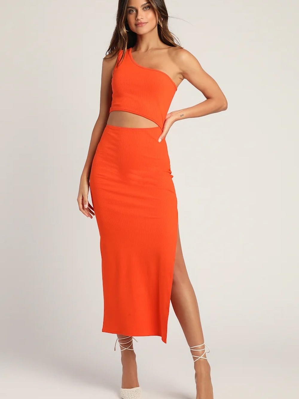 Lulu’s Spice Things Up Orange Ribbed One-Shoulder Cutout Midi Dress